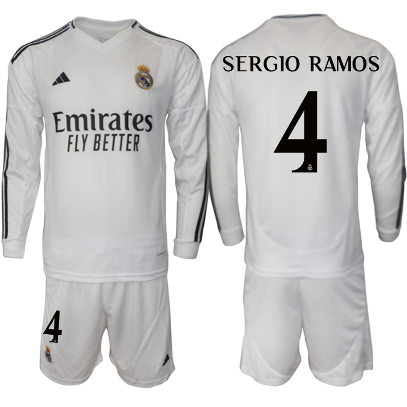 Men 2024-2025 Club Real Madrid home Long Sleeves White #4 Soccer Jersey->real madrid jersey->Soccer Club Jersey
